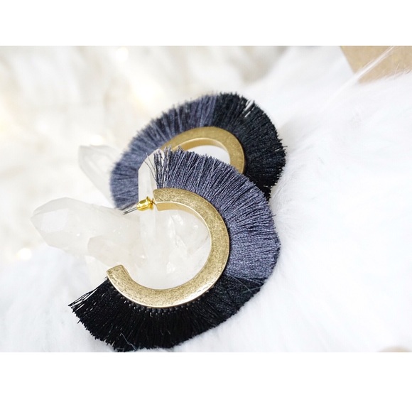 NEW! Black Charcoal Two Tone Tassel Hoop Earrings - Picture 9 of 10